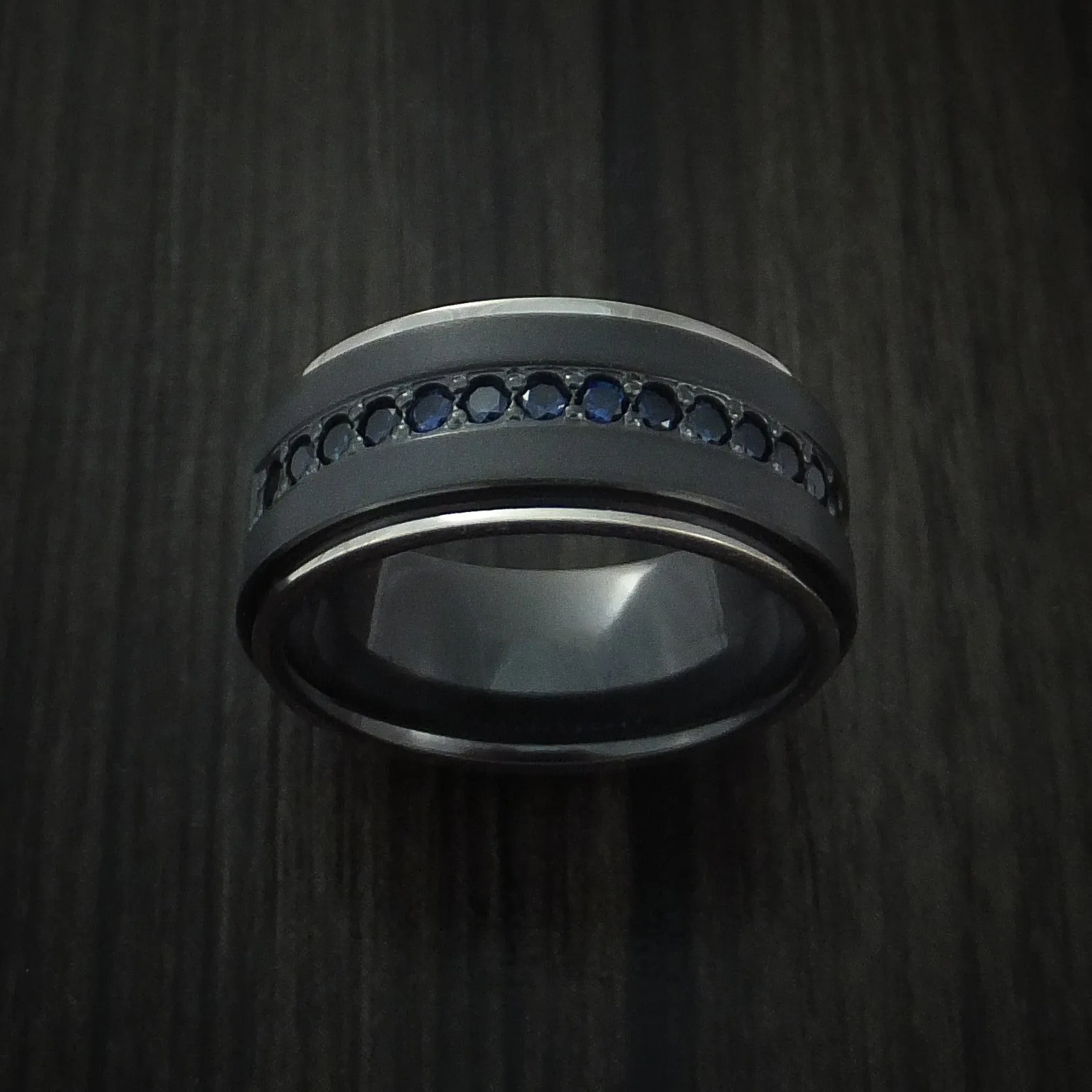 Black Titanium Men's Band with 14K White Gold Edges and 16 Beautiful Sapphires