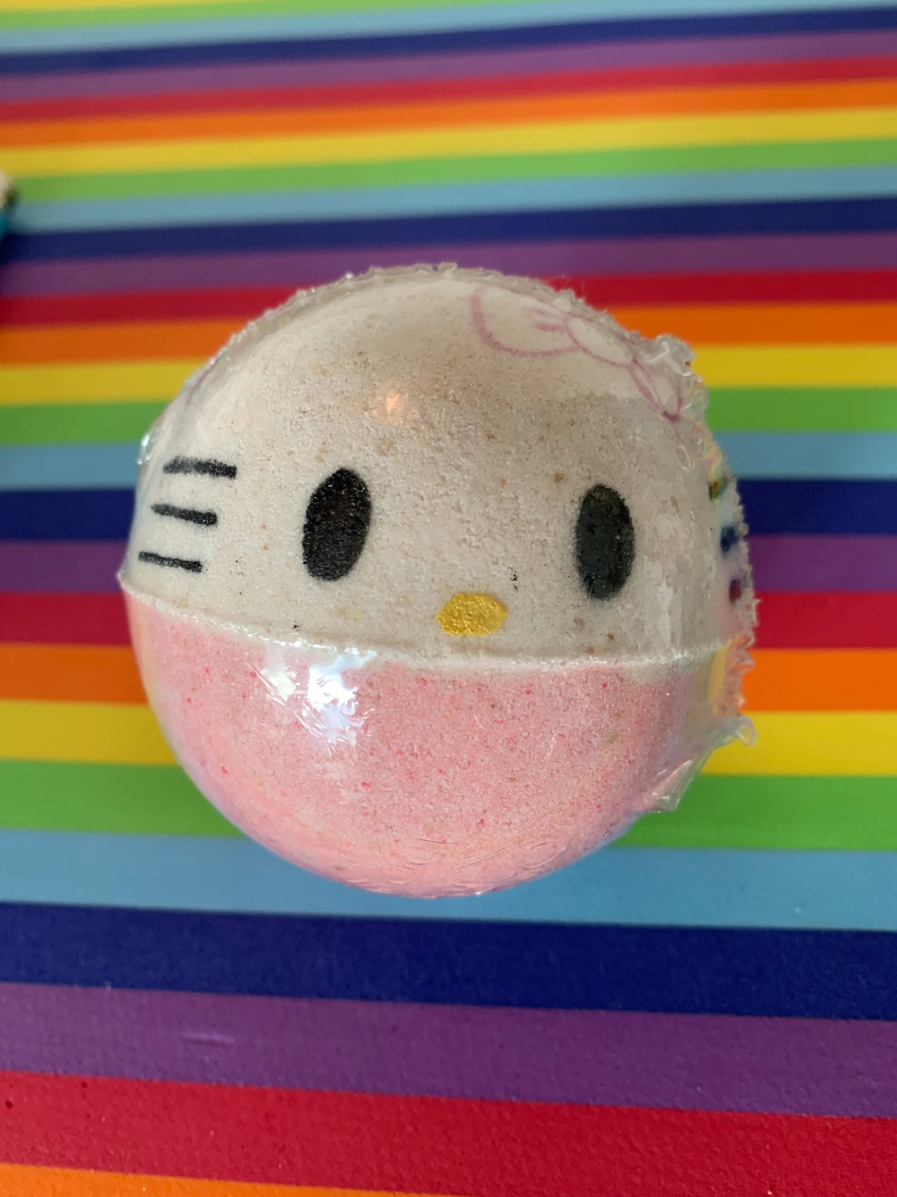 Happy Pretty Anime Kitty with a bow Handpainted Large Sized BathBomb with Charm Necklace inside!