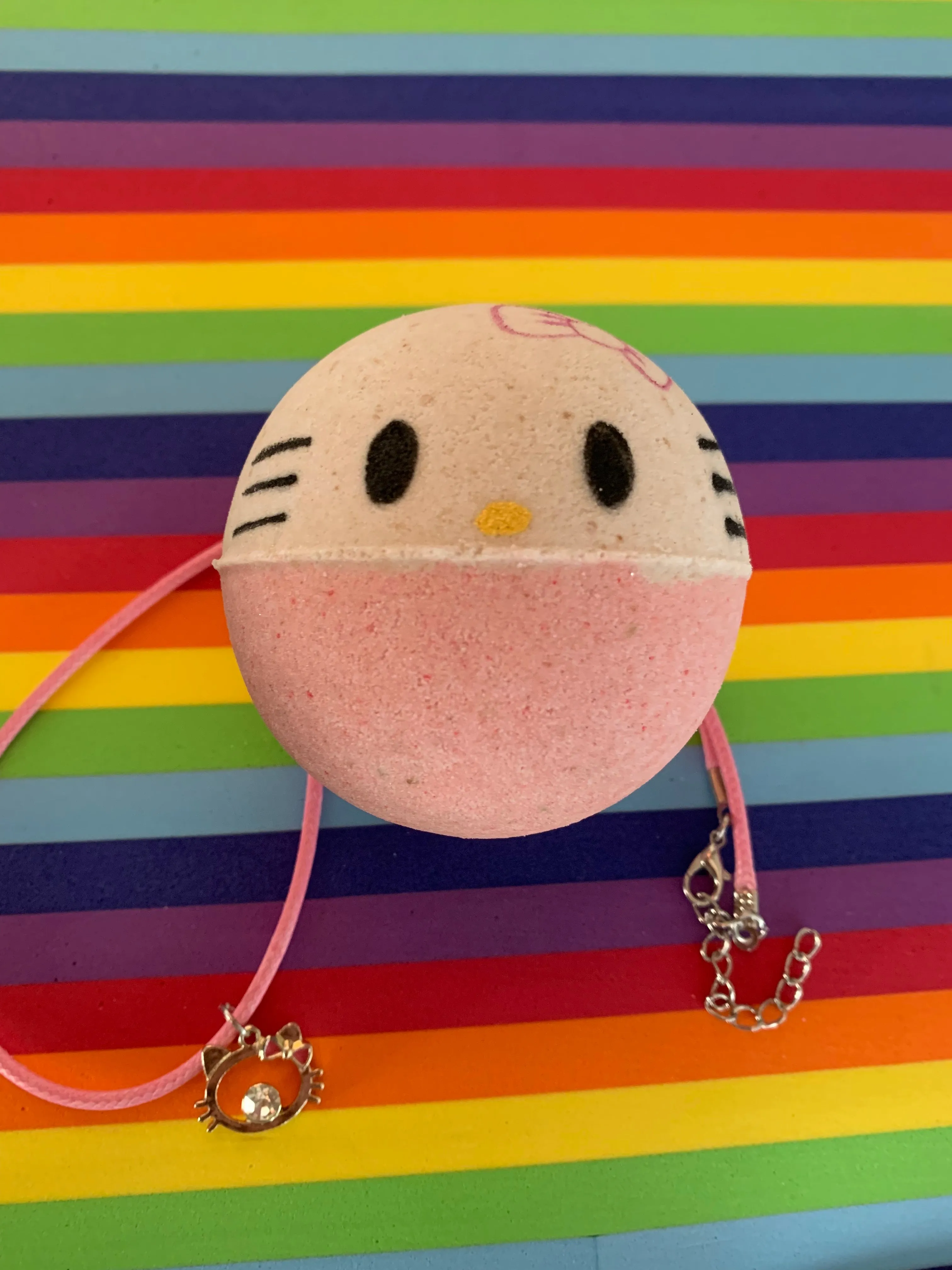 Happy Pretty Anime Kitty with a bow Handpainted Large Sized BathBomb with Charm Necklace inside!