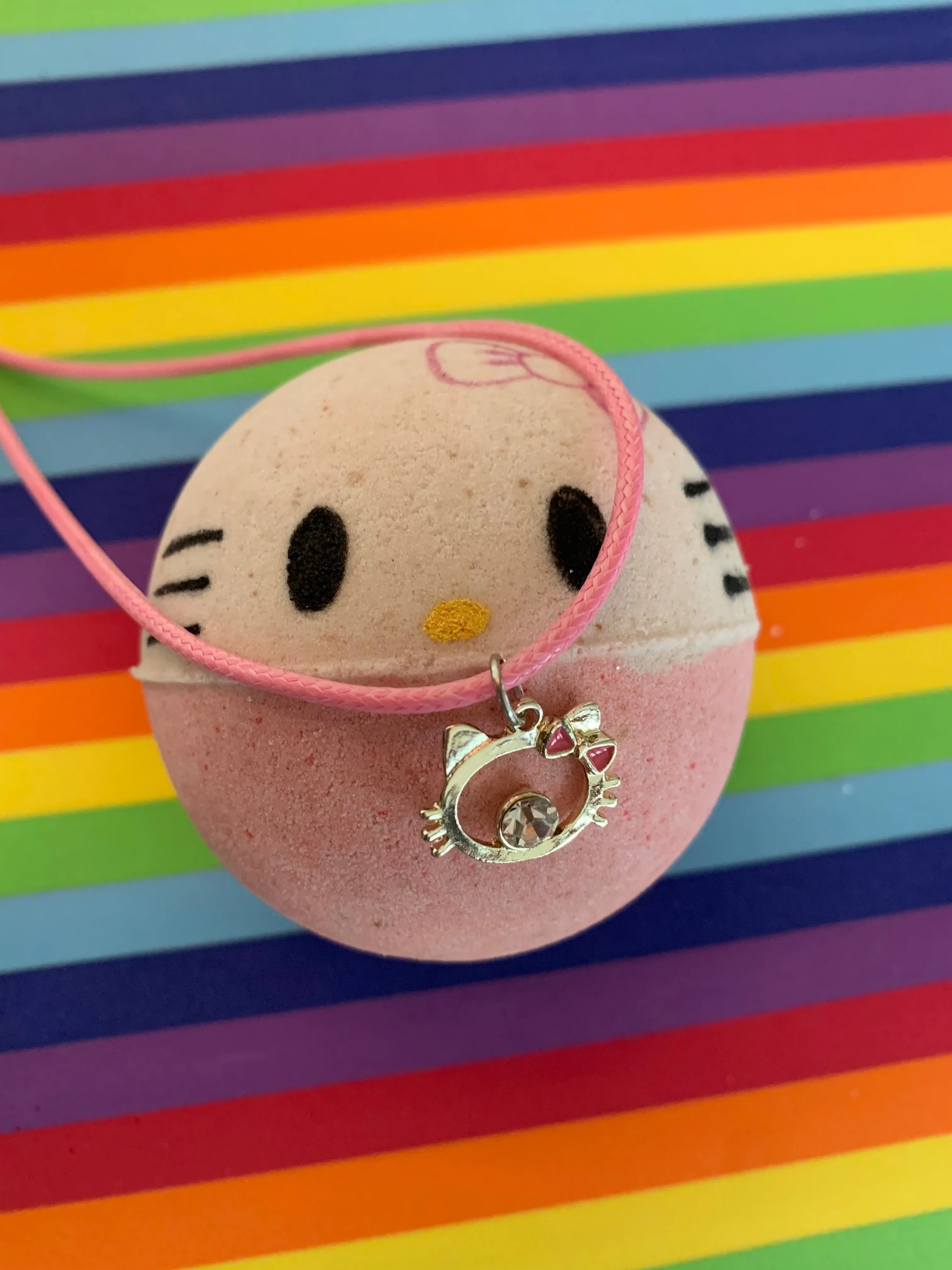 Happy Pretty Anime Kitty with a bow Handpainted Large Sized BathBomb with Charm Necklace inside!