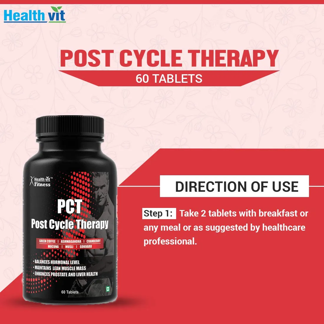 Healthvit Fitness PCT for Kidney Detox, Liver Detox & Testosterone Booster Post Cycle Therapy - 60 Tablets