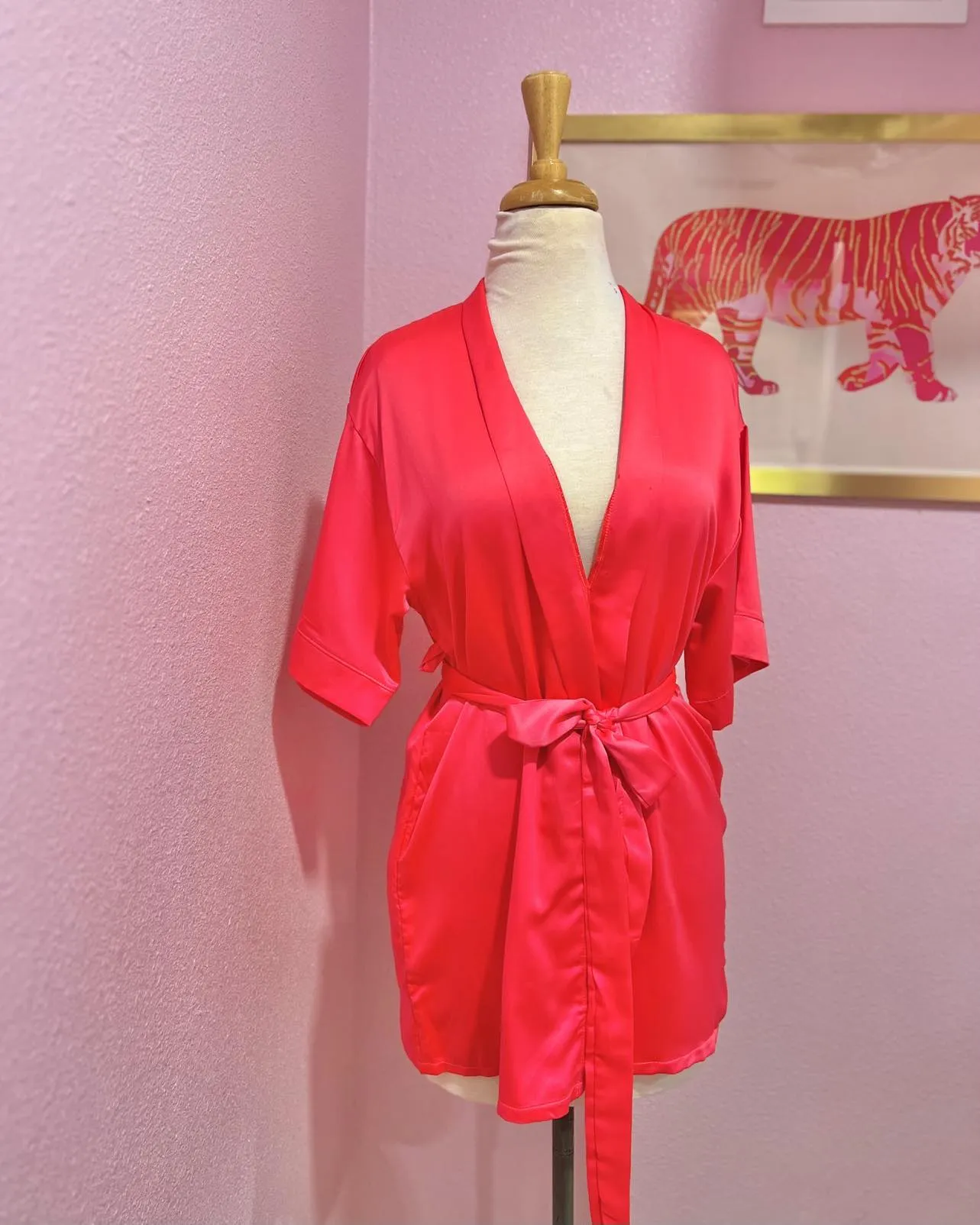 Hot Coral Silky Short Robe