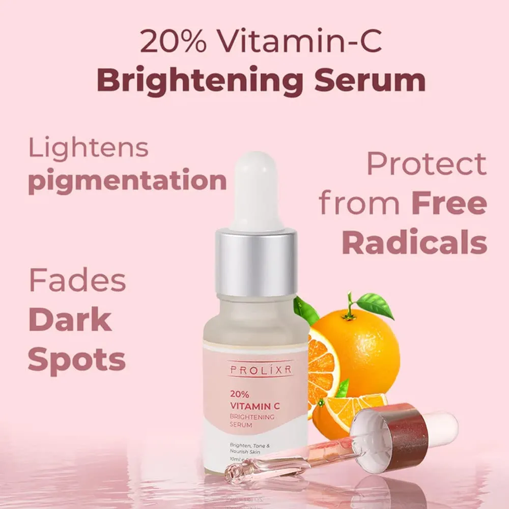 Prolixr 20% Vitamin C Brightening Face Serum - Effective Skin Brightening Serum | Dark Spots | Pigmentation | For Glowing Skin - All Skin Types (10 ml)