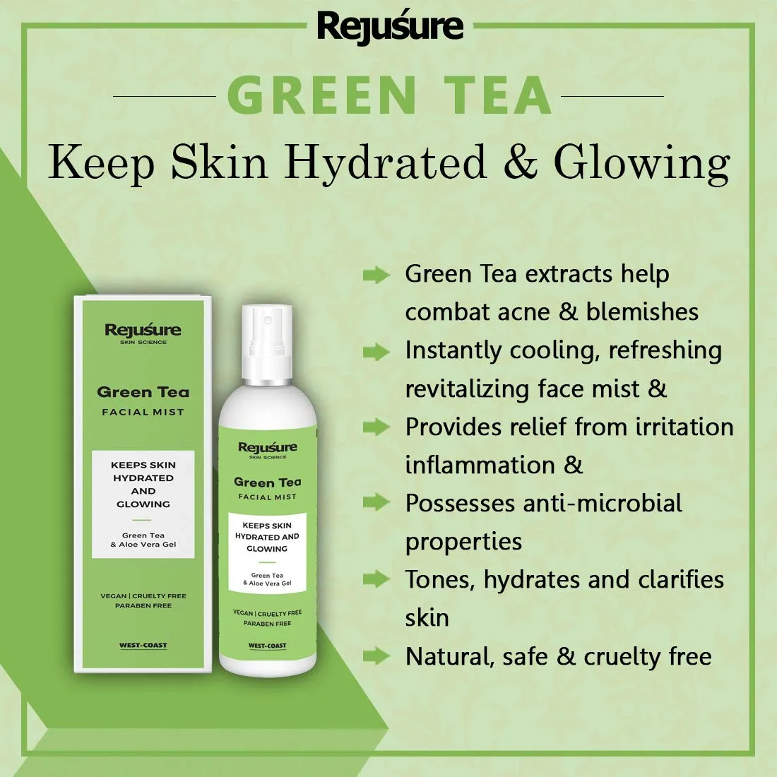 Rejusure Green Tea Facemist – Keeps Skin Hydrated & Glowing – 100ml (Pack of 2)