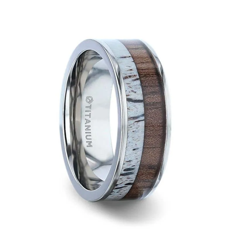 Thorsten DARBY Titanium Polished Finish Flat Men's Wedding Ring With Deer Antler And Black Walnut Wood Inlay - 8mm